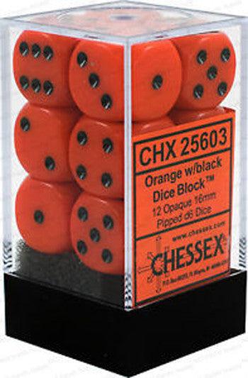 D6 Dice Opaque 16mm Orange/Black (12 Dice in Display) - Gap Games