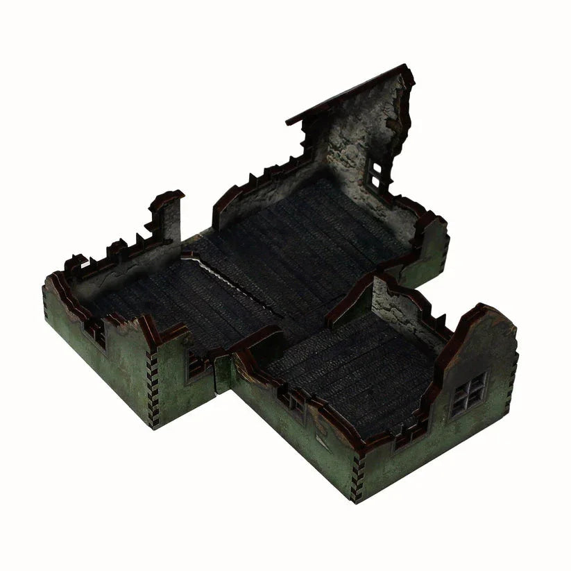 Battlefield Accessories: Ruined Village House 1 Green Render - 28mm (TTR)
