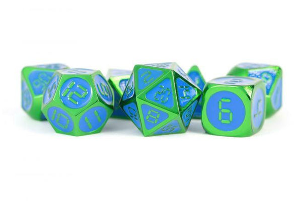 SALE MDG 16mm Metal Polyhedral Dice Set: Green w/ Blue Enamel - Gap Games