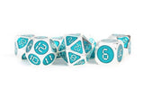 SALE MDG 16mm Metal Polyhedral Dice Set: Silver w/ Teal Enamel - Gap Games