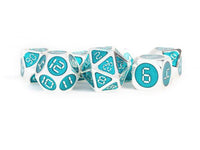 SALE MDG 16mm Metal Polyhedral Dice Set: Silver w/ Teal Enamel - Gap Games