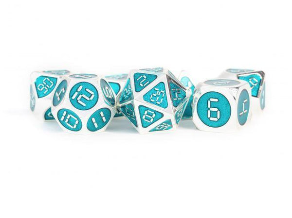 SALE MDG 16mm Metal Polyhedral Dice Set: Silver w/ Teal Enamel - Gap Games