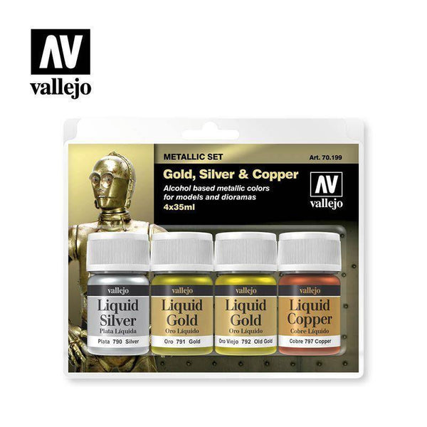 SALE Vallejo 70199 Metallic Effects Gold, Silver, Old Gold & Copper (4) 35ml - Gap Games